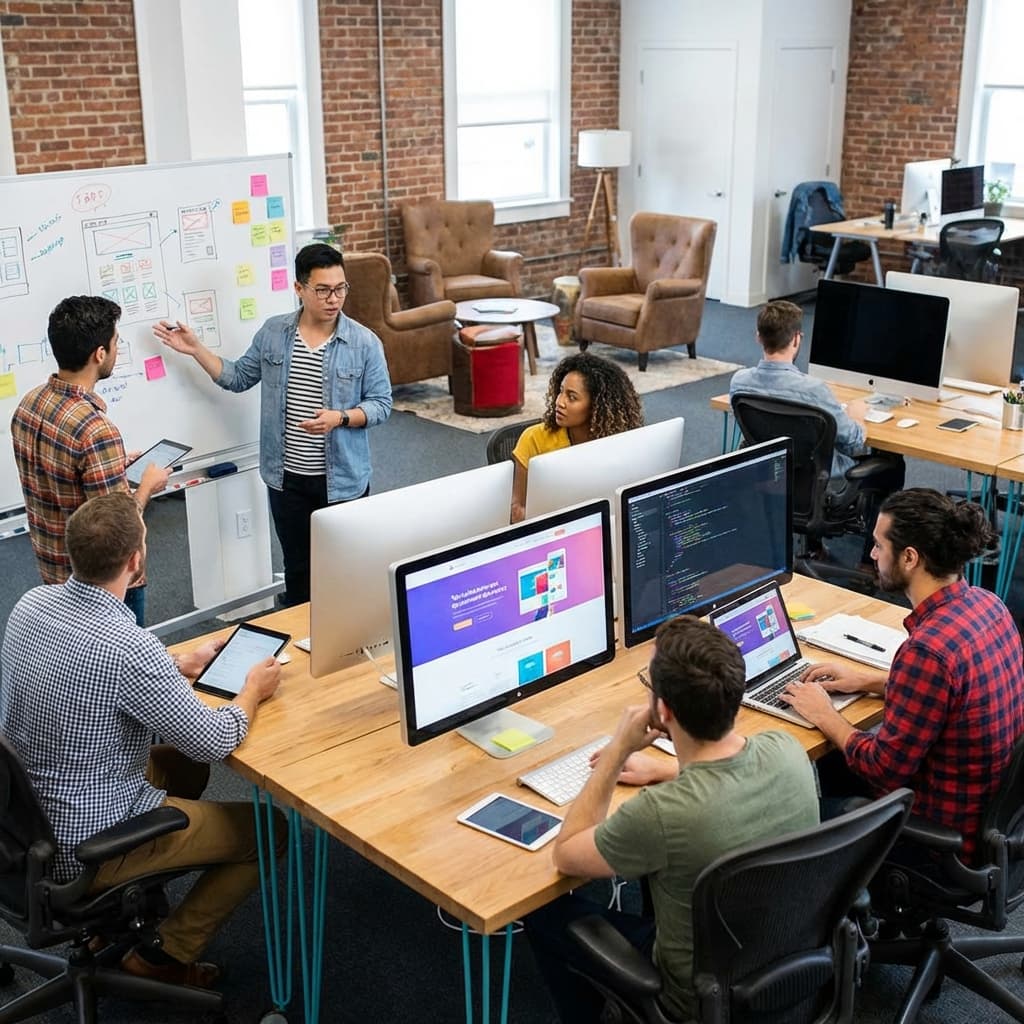 Professional web design agency team collaborating in modern workspace