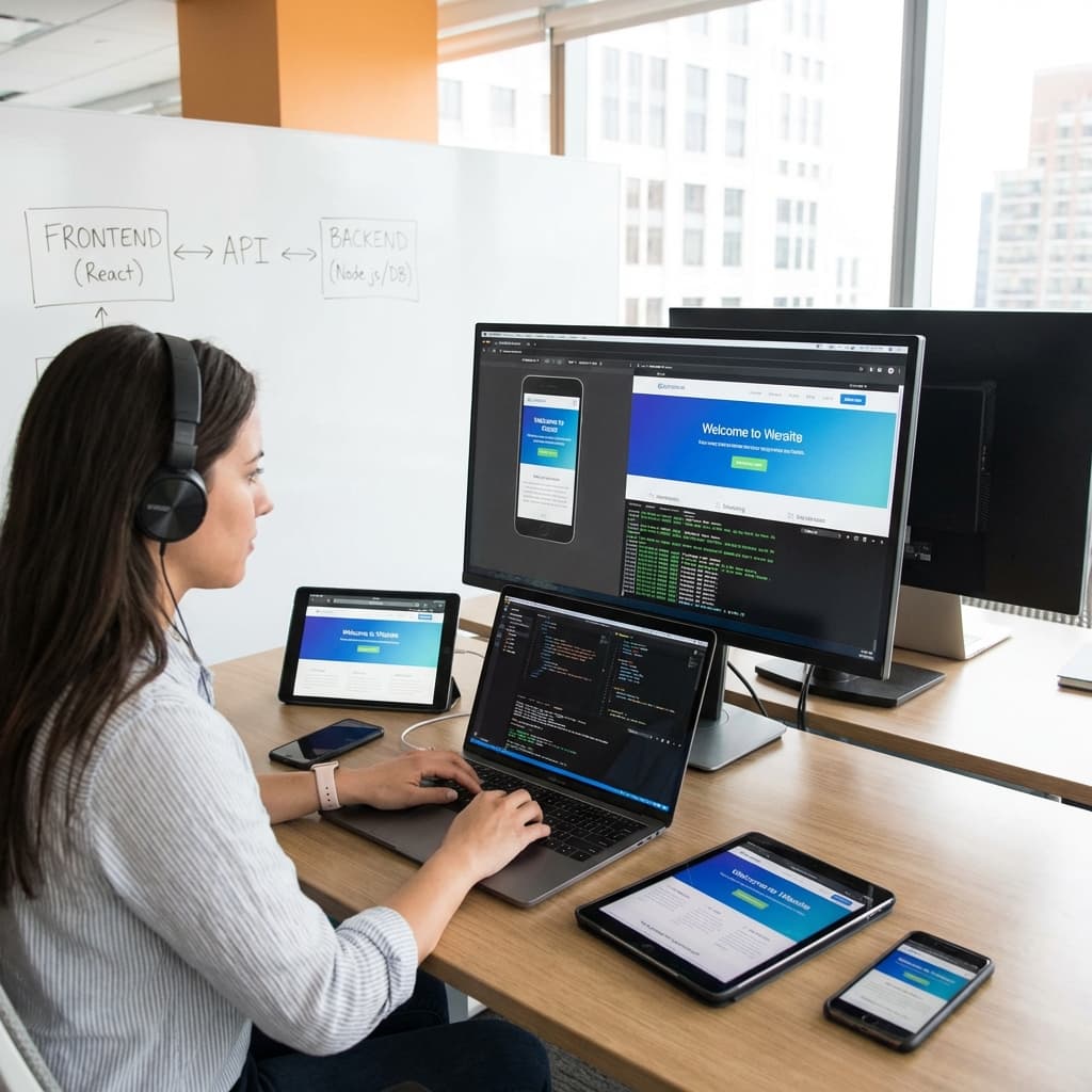 Web development process showing frontend and backend coding with modern tools